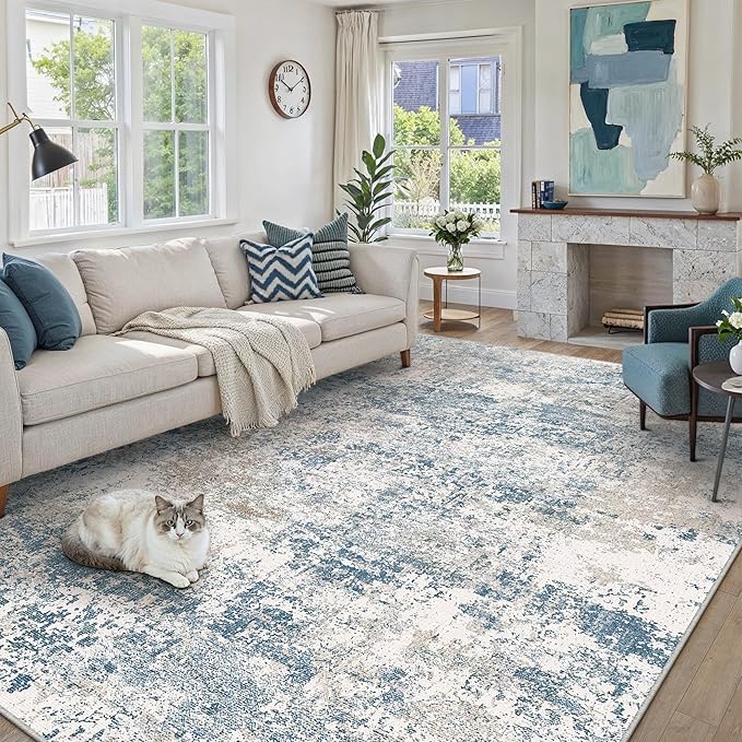 Blue 5x7 Area Rug Washable Modern Abstract Living Room Carpet Non Slip Neutral Low Pile Soft Contemporary Aesthetic Indoor Rug for Kitchen Office Laundry Bedroom Dining Room