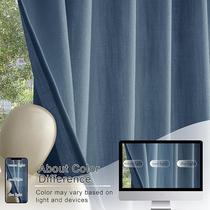RYB HOME Kitchen Curtains Valances Faux Linen Blended Privacy Protect Shabby Chic Swag Curtain for Kitchen Living Room, Rod Pocket, Stone Blue, W 52 x L 18 inch, 2 Panels