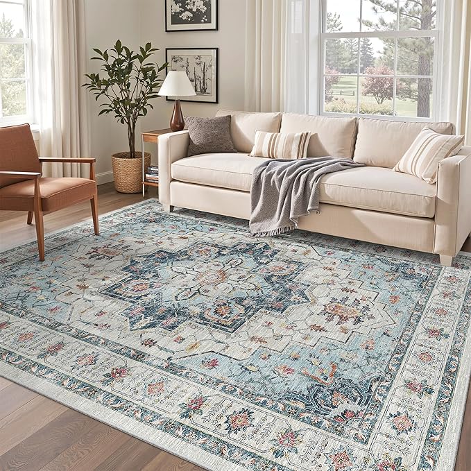 Madane 5x7 Area Rugs for Living Room, Stain Resistant Washable Rug, Non-Slip Backing Area Rug, Vintage Home Decor Rug for Bedroom (Blue, 5'x7')