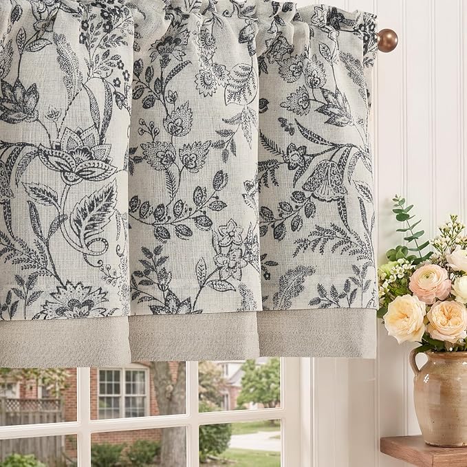 jinchan Linen Valance Curtain Farmhouse Floral Printed Small Window Curtain for Kitchen Rustic Light Filtering Valance for Living Room Bedroom Bathroom 16 Inch Rod Pocket 1 Panel Black on Beige
