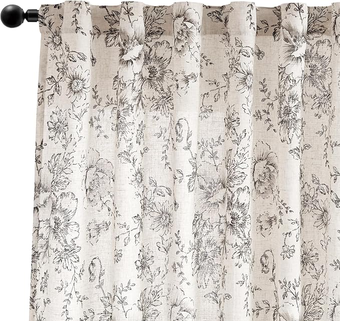 jinchan Linen Blend Curtain Floral Curtains for Living Room 72 Inch Length Black Printed Curtain Rod Pocket Back Tab Farmhouse Peony Flower Patterned Drapes Bedroom Window Curtains Set 2 Panels