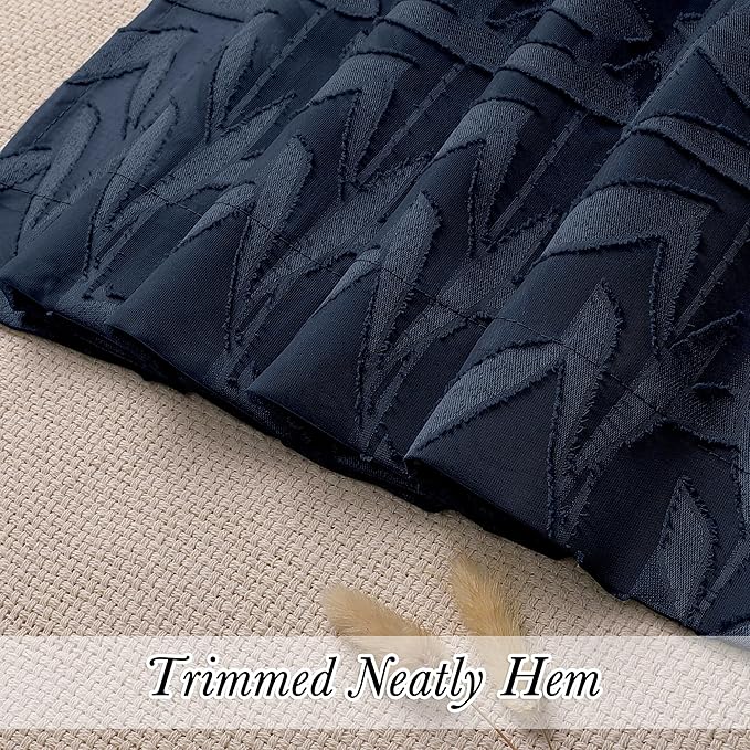 Lecloud Leia 2 PCS Navy Blue Kitchen Curtains 36 Inch Length, Lightweight Clip Textured Living Room Sheer Curtain Tiers with Dual Rod Pockets, Jacquard Leaf Voile Cafe/Bedroom Drapes, 38X36 Inches