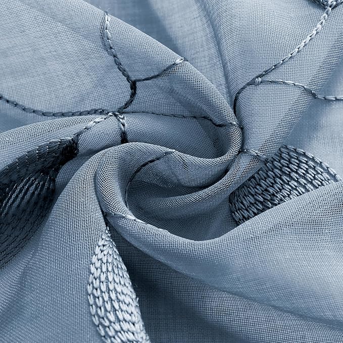 HOMEIDEAS Stone Blue Sheer Kitchen Curtains 52 x 45 Inch Length 2 Panels Embroidered Leaf Pattern Short Curtains for Bedroom Half Small Bathroom Window Rod Pocket Tiers