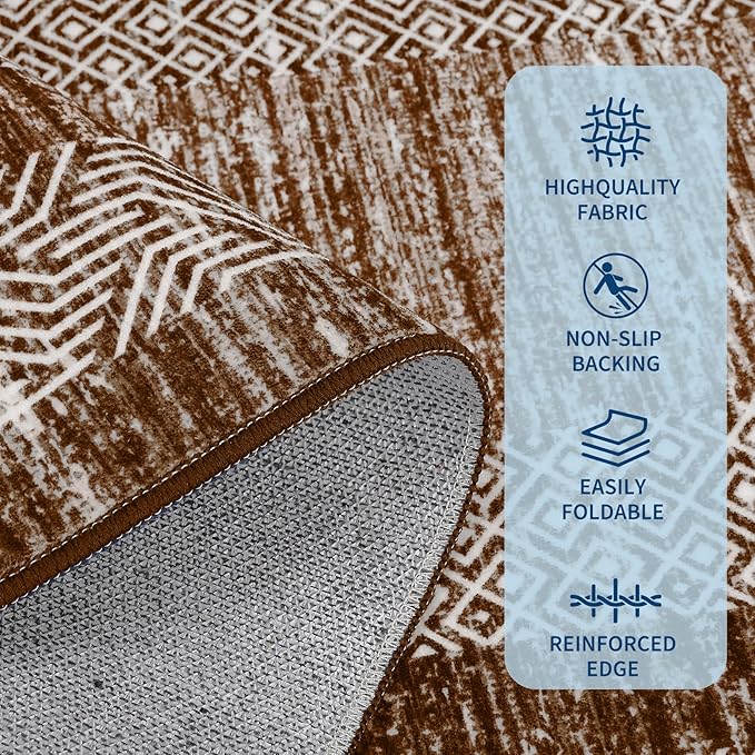 GarveeHome Modern Geometric Rug 4x6 Washable Rug for Living Room, Soft Non Shedding Indoor Carpet with Non Slip TPR Backing, Low Pile Thin Foldable Printed Floor Mats for Dining Room, Brown