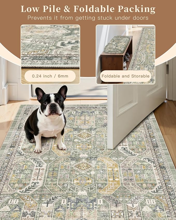 Madane Runner Rugs for Hallway 2x10 Long Washable Non-Slip Hallway Runner Rug Low-Pile Stair Kitchen Runner Soft Throw Carpet for Entrance Living Dining Laundry Room (Green/Gold, 2 x 10)