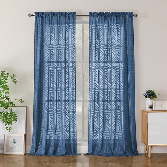Simplebrand Semi Sheer Dusty Blue Curtains 96 Inches Long 2 Panels, Light Filtering Geometric Jacquard Clip Textured Sheer Curtains for Living Roon，Modern Elegant Window Curtains Drapes，52x96 inch