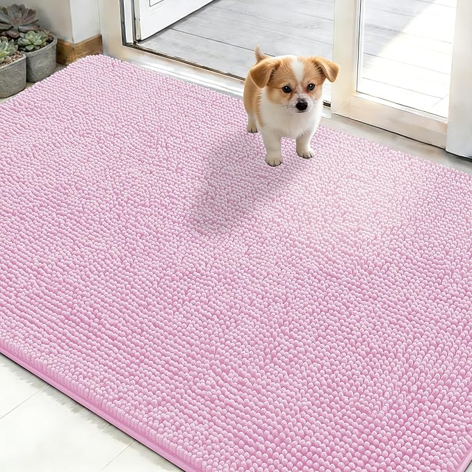 OLANLY Dog Door Mat for Muddy Paws 48x30, Absorbs Moisture and Dirt, Absorbent Non-Slip Washable Doormat, Quick Dry Chenille Mud Mat for Dogs, Entry Indoor Entryway Carpet for Inside Floor, Pink