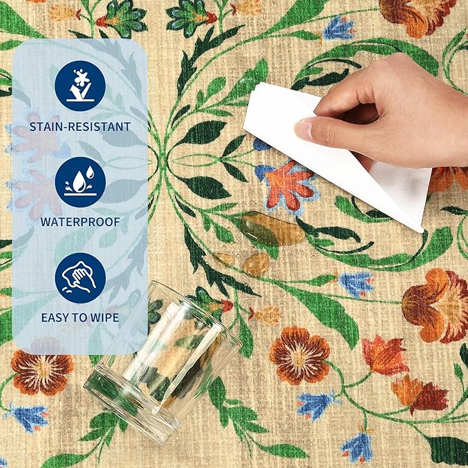 GarveeHome Floral Rug 2x6 Runners for Hallways, Boho Kitchen Runner Rugs Non Slip Bath Runners, Vintage Washable Runner Rug for Bedroom, Soft Long Rugs for Entryway Bathroom Laundry Dorm, Beige