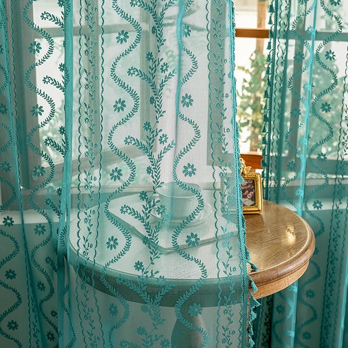WAZZIO Boho Lace Curtains 2 Panels 45 Inch -Victorian Sheer Panel Drape French Country Floral Pattern & Tassel Light Filtering Privacy for Bedroom Dining Living Room,Coastal Decor,Teal,W52x L45
