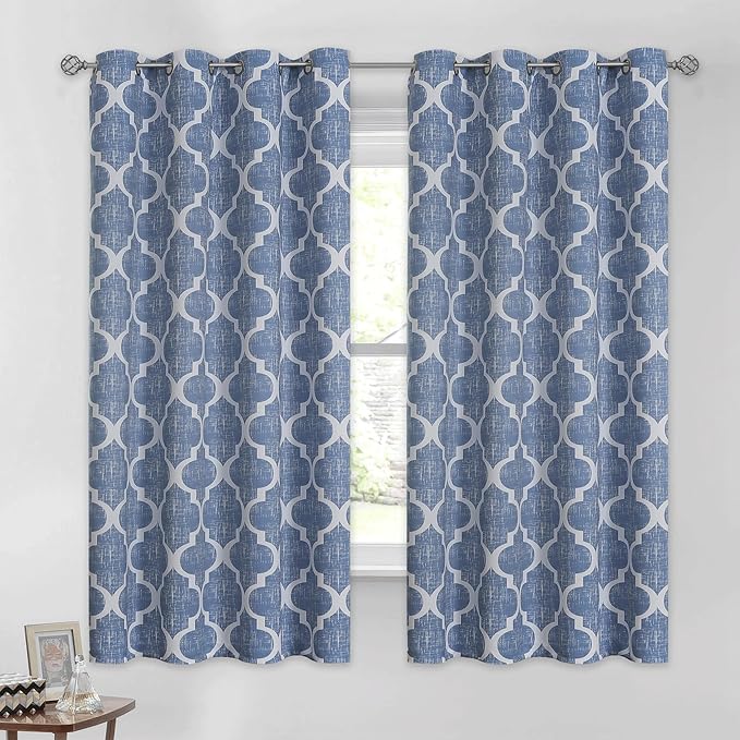 Beauoop 100% Blackout Curtains 63 Inches Long 2 Panels for Bedroom Living Room Blue Moroccan Geo Room Darkening Thermal Insulated Soundproof Grommet Top Window Treatments Drapes, 50x63 Set of 2