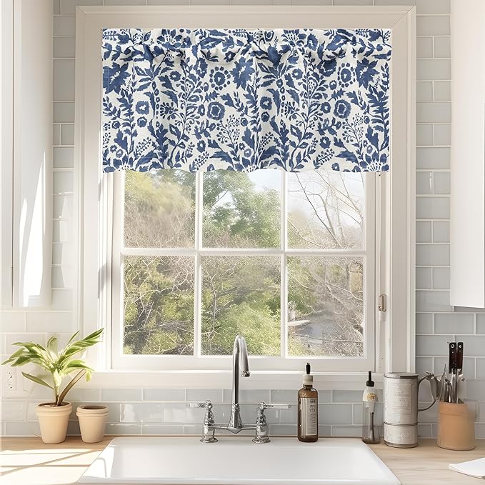 DriftAway Julia Watercolor Blooming Flower Floral Lined Thermal Insulated Window Curtain Valance Rod Pocket 52 Inch by 18 Inch Plus 2 Inch Header Linen Blend Navy 1 Pack