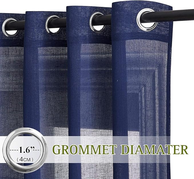 NICETOWN Linen Textured Sheer Curtains 96" L for Living Room, Privacy Chic Sheer Curtains Window Treatment Translucent Drapes for Farmhouse/Cottage, 52" Wide, Dark Blue, 1 Pair