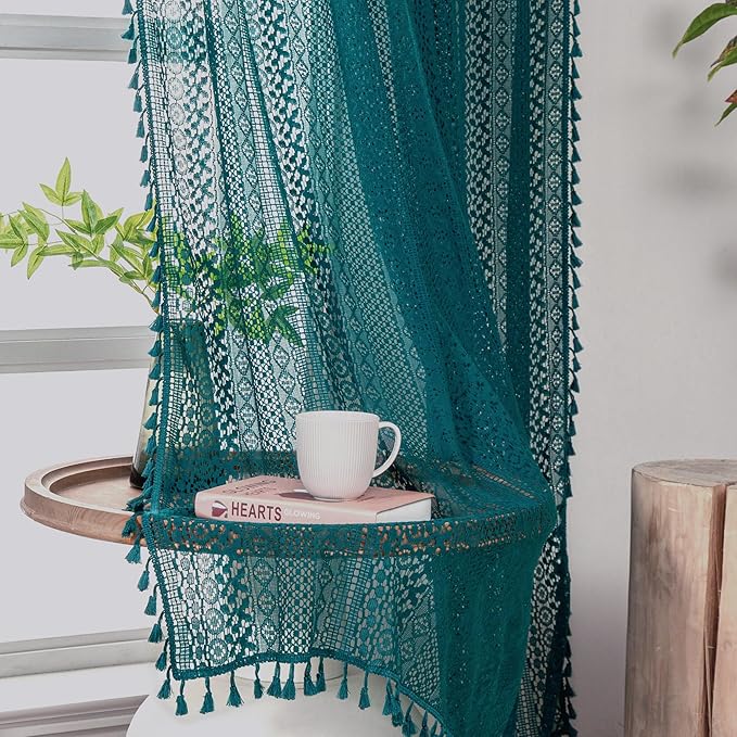 WAZZIO Boho Lace Curtains 45 Inches 2 Panel,Light Filtering Privacy Tassel & Geometry Crochet Semi Sheer Curtain Drapes for Bedroom Living Dining Room,Rod Pocket & Tassel,Coastal Style,Teal