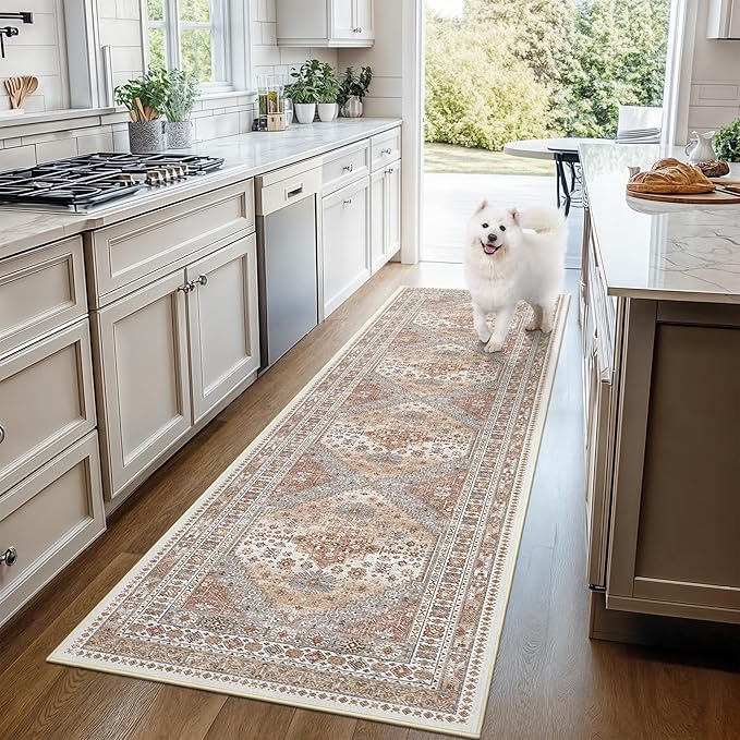 2x7 Runner Rug, Thin Entryway Non Slip Washable Rugs for Entryway, Runners for Hallways, Low Pile Vintage Soft Rugs for Living Room, Kitchen Bedroom Rug(Orange,2'x7')