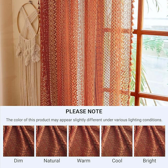 WAZZIO Burnt Orange Curtains Sheer 45 Inch Length Bedroom Short Small Cafe Rod Pocket Vintage Fall Privacy Let Light in Cotton Lace Boho 2 Panel, Terracotta