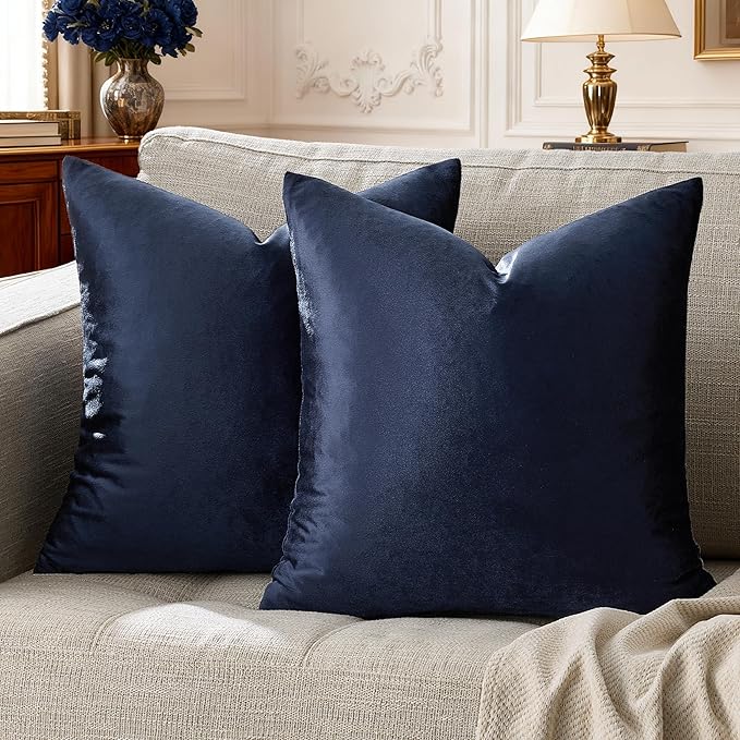 GIGIZAZA Navy Blue Velvet Pillow Covers 24x24,Square Solid Throw Pillow Covers Decorative Modern Pillows Big Vintage Cases for Couch Pack of 2