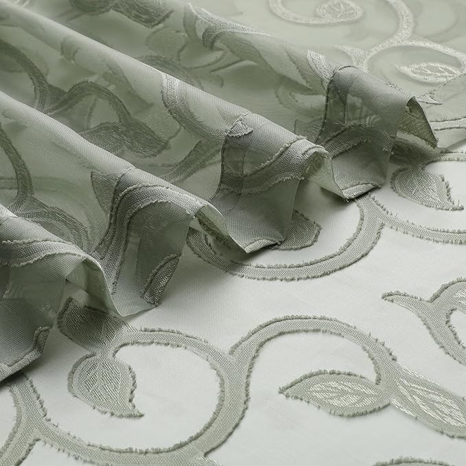 OWENIE Furman Sage Green Sheer Curtains 54 Inch Length 2 Panels Set for Living Room Bedroom Bathroom Small Window, Airy Jacquard Clip Short Curtains Each 42Wx54L inch