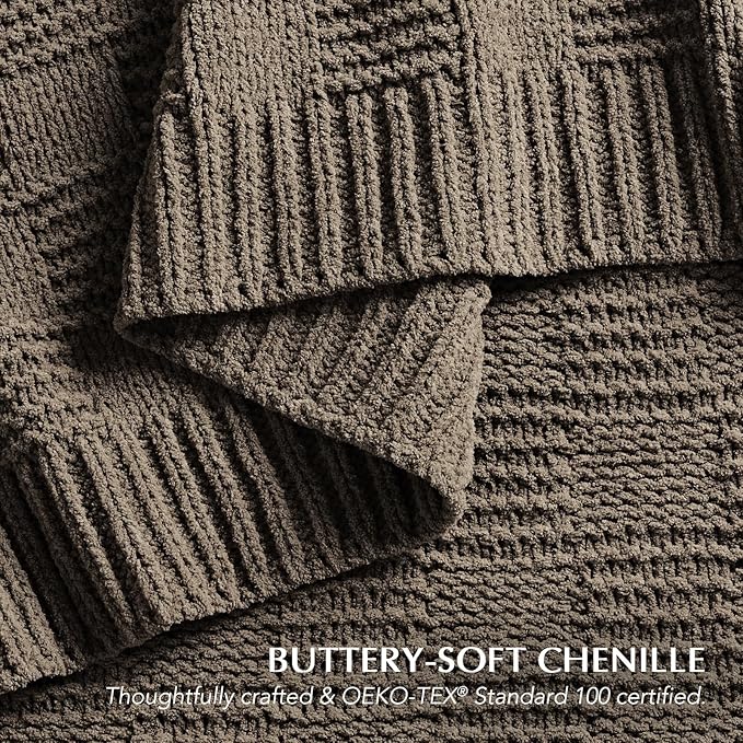 EVERGRACEHOME Modern Checkered Chenille Throw Blanket, Soft Cozy Plaid Knitted Chair Blanket for Sofa Couch, Decorative Knit Throw for Bed and Living Room, Mocha Brown, 50" x 60"