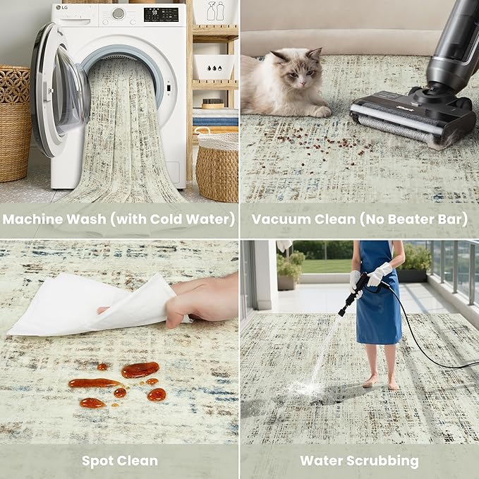10x12 Area Rugs for Living Room Washable Rug: Anti-Skid Abstract Modern Living Room Rug Soft Thin Carpets Indoor Floor Non-Shedding Carpet for Bedroom Dining Farmhouse Nursery Gray White Blue