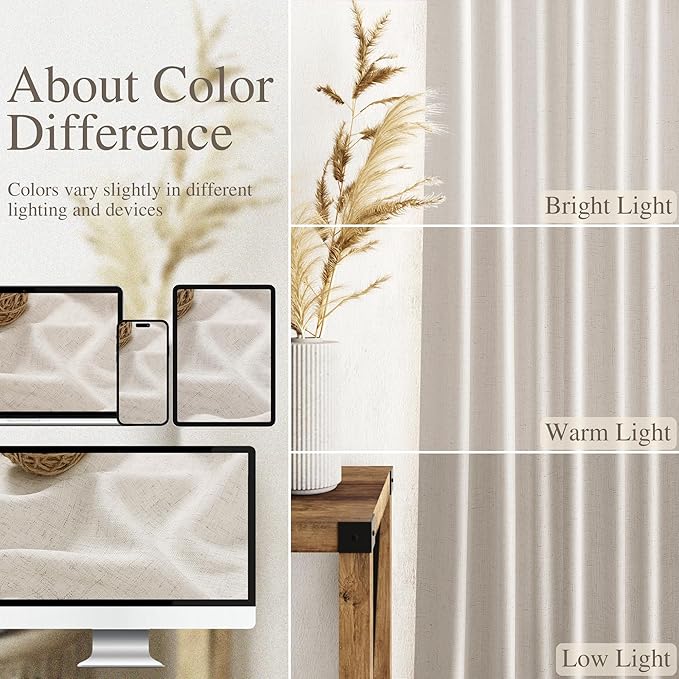 Nanspring Pearl White Linen Curtains 63 Inch Length for Living Room Luxury Light Filtering Semi Sheer Curtain Back Tab Coastal Decor Neutral Elegant Gray Drapes for Bedroom Office 52x63, 2 Panels