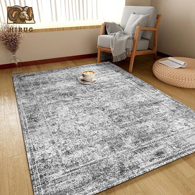 Washable Area Rug 9' x 12' Vintage Traditional Persian Mat - Foldable Distressed Non-Slip Machine Washable Carpet for Living Room Bedroom Kitchen Home Decor - Graphite and Mist