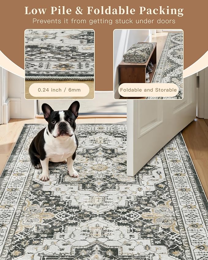 Madane Washable Area Rug 2x4, Small Entryway Rug Non-Slip Vintage Door Mat Indoor Entrance, Low Pile Floor Carpet Runner for Inside Front Door Kitchen Entry Laundry, Black