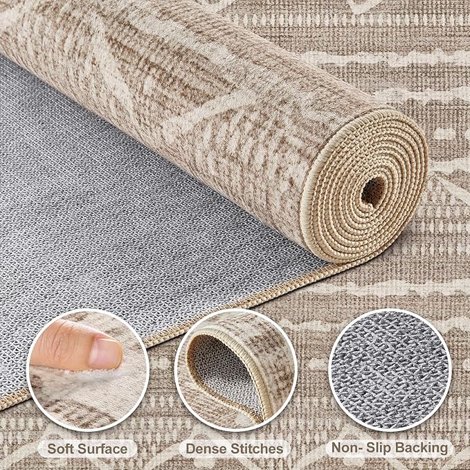 Nakagishi Area Rug Living Room Rugs: 3X8 Machine Washable Boho Large Neutral Farmhouse Stain Resistant Moroccan Indoor Floor Carpet for Bedroom Nursery Dorm Dining Room Home-Dark Brown