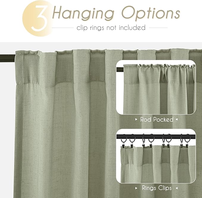 Linen Blend Sage Green Curtains 96 inch Length 2 Panels for Bedroom Back Tab Light Filtering Semi Sheer Drapes Linen Cotton Textured Light Green Airy Modern Farmhouse Living Room Sage Aesthetic Decor