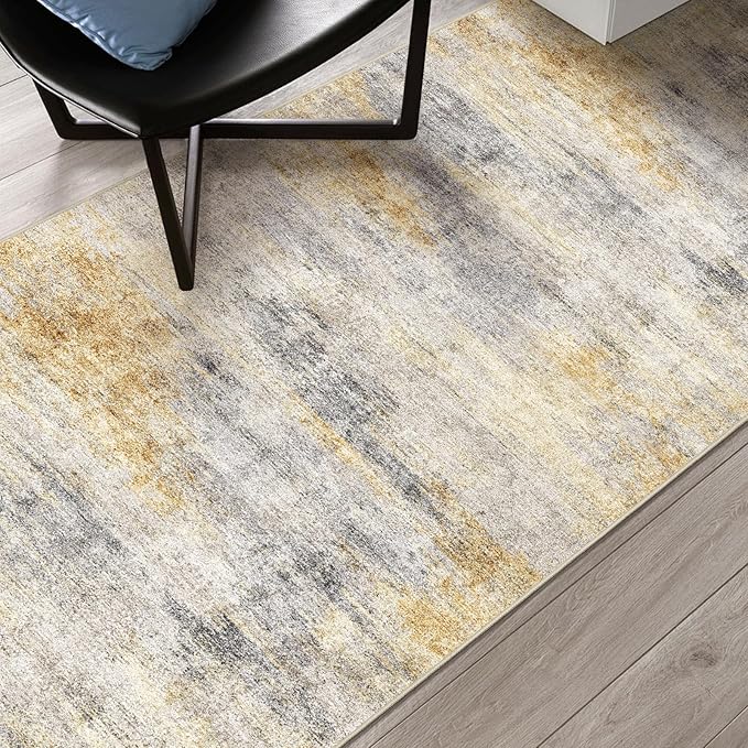 2'6''x8' Washable Kitchen Runner Rug: Modern Abstract Runners for Hallway Soft Non Slip Rugs with Rubber Backing Low Pile Thin Floor Carpet for Entryway Bedroom Bathroom Indoor(Grey/Yellow,2'6''x8')