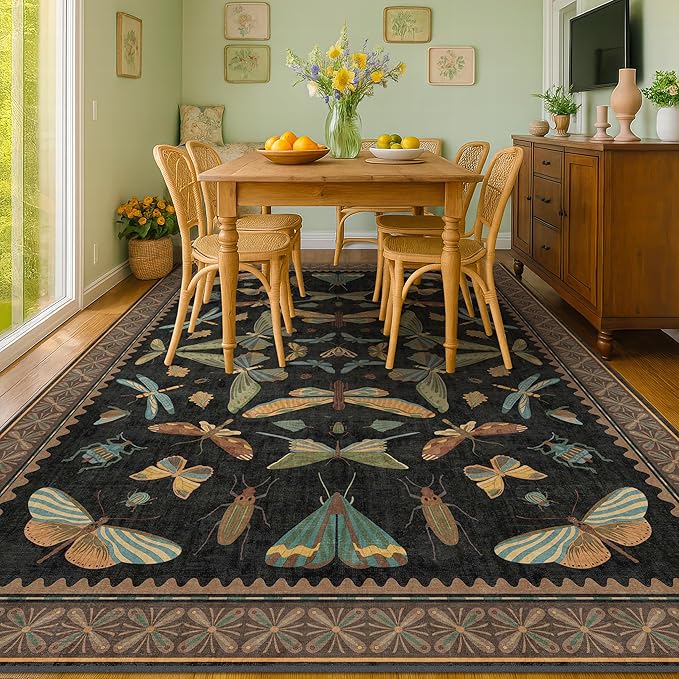Hazo Haus Black Washable Insect Area Rugs 8x10 for Living Room, Bedroom, Dining Room Under Table, Playroom, Large Dark Whimsical Boho Indoor Rug, Ultra Soft Low Pile Non Slip