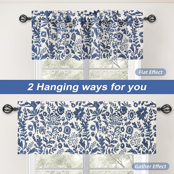 DriftAway Julia Watercolor Blooming Flower Floral Lined Thermal Insulated Window Curtain Valance Rod Pocket 52 Inch by 14 Inch Plus 1.75 Inch Header Linen Blend Navy 1 Pack