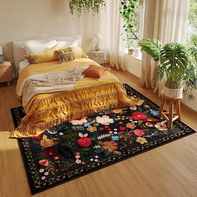 Rugcomf Living Room Rug 5x7 Rug Machine Washable Boho Area Rug Non Slip Floral Vintage Low Pile Large Rugs for Living Room, Bedroom, Farmhouse, Dining Room, Kids Playroom(Black)
