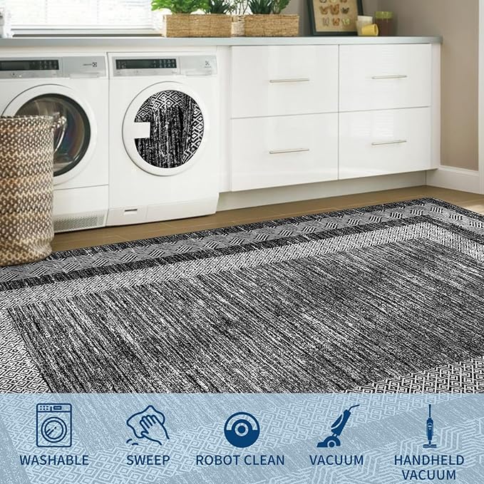 GarveeHome Washable Runner Rug 2x6 Modern Hallway Rug Non Slip Entryway Runner, Geometric Bordered Printed Carpets, Low Pile Thin Foldable Floor Mats, Soft Non Shedding for Kitchen Laundry, Black