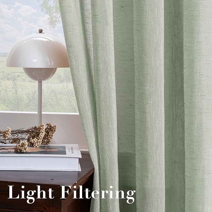 H.VERSAILTEX Linen Curtains Natural Linen Blended Curtain Panels for Living Room/Light Reducing Linen Semi Sheer Curtains 63 inch Length 2 Panels Set Nickel Grommet Window Panels, Sage
