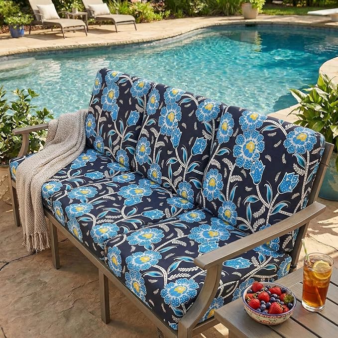 hyha Printed Couch Cushion Covers, Floral Sofa Covers Washable for 3 Cushion Couch, Stretch Pattern Outdoor Cushion Covers for Patio Furniture with Elastic Bottom(Large, Bluebell)