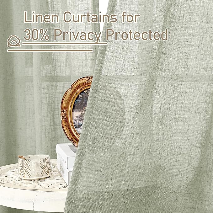 LAMIT Sage Grey Linen Curtains 72 Inch for Living Room 2 Panels, Linen Textured Light Filtering Semi Sheer Bronze Grommet Privacy Panels for Bedroom/Farmhouse, 52 x 72 Inch