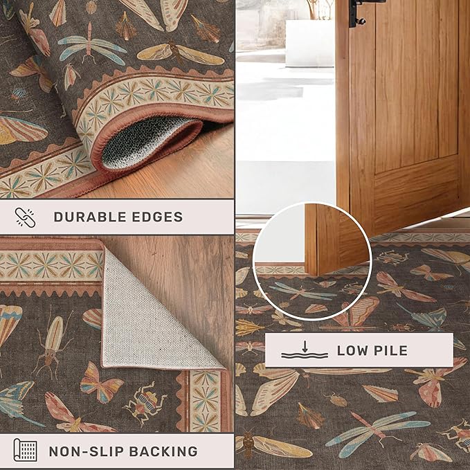 5x8 Brown Rugs for Living Room, Soft Boho Rugs for Bedroom, Non Slip Dining Room Carpet for Under Table, Vintage Farmhouse Home Décor, Low Pile Stain Resistant Mat