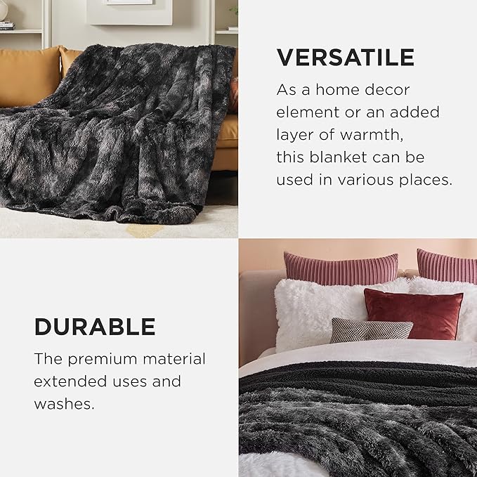 Bedsure GentleSoft Fuzzy Sherpa Faux Fur Twin Blanket Tie Dye Black Cozy Gifts for Boys Girls, Soft Fleece Plush Warm Thick Blanket Twin Size for Bed, Black Room Decor Dorm Essentials Gifts, 60x80