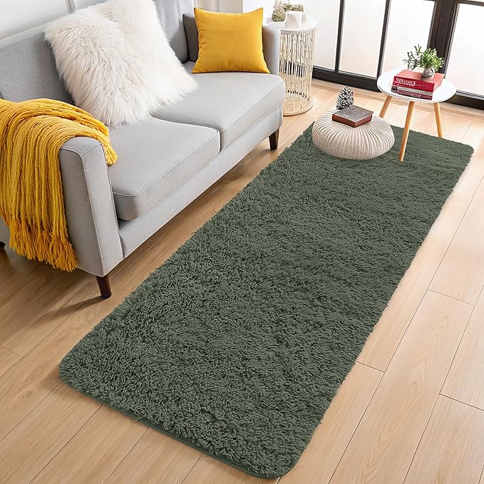 OLANLY 2x5 Machine Washable Runner Rugs for Hallway, Soft Fluffy Shaggy Bedside Rugs for Bedroom, Living Room, Indoor Floor Carpet for Kids Girls and Boys, Home Decor Aesthetic, Olive Green