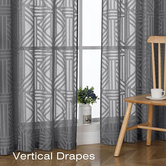 Simplebrand Semi Sheer Charcoal Grey Curtains 36 Inch Length 2 Panels, Geometric Jacquard Clip Textured Short Sheer Curtains for Bedroom，Modern Elegant Window Curtains/Drapes/Treatment, 30x36 inch