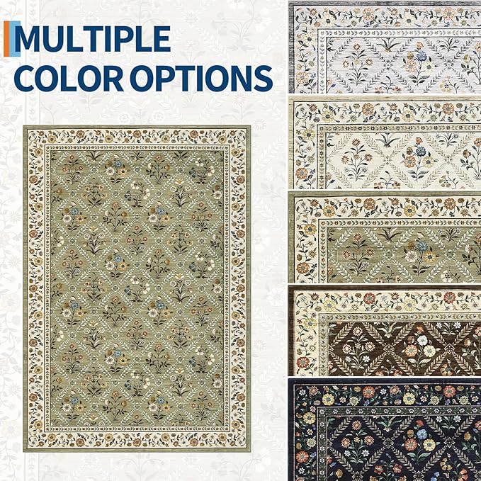 Runner Rug for Hallway Entryway 2.5x8 Farmhouse Floral Non-Slip Machine Washable Kitchen Rug Runner Non-Shedding Low-Pile Soft Long Carpet for Entrance Laundry Room Green