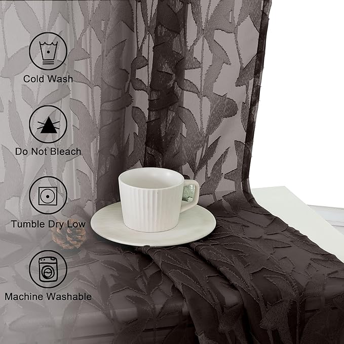 Lecloud Leia 2 Panels Sheer Chocolate Brown Curtain 54 Inch Length, Light Reducing Jacquard Textured Leaf Voile Bedroom Curtain, Gauzy Clip Short Drapes with Dual Rod Pocket, 38x54 Inches
