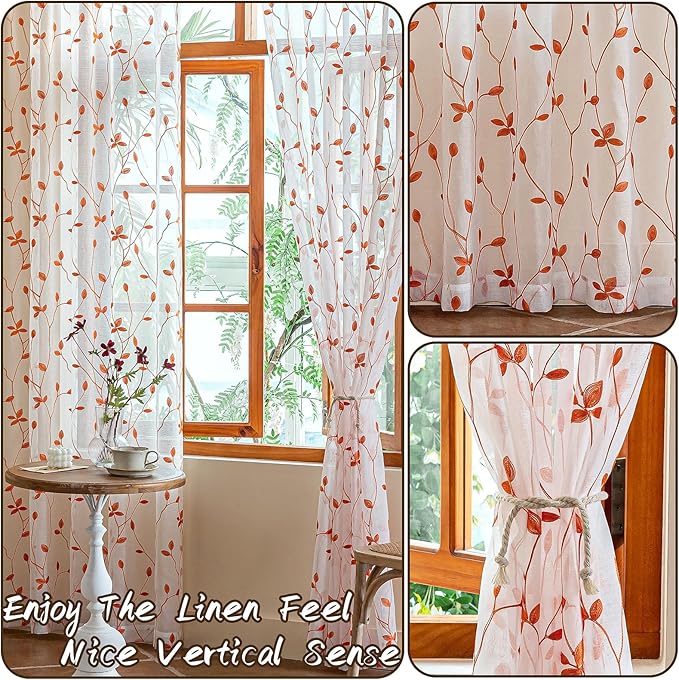 AmHoo 2 Panels Embroidered Leaf Pattern Semi Sheer Curtains Foliage Floral Voile Window Draperies Treatment for Bedroom Living Room Rod Pocket White Burnt Orange 53 x 95 Inch