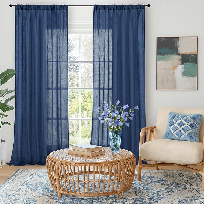 BGment Linen Navy Blue Curtains 96 Inches Long for Living Room 2 Panels Set, Semi Sheer Window Drapes Floor Length Light Filtering for Bedroom Dining with Rod Pocket Lightweight, Each 52 Inch Wide