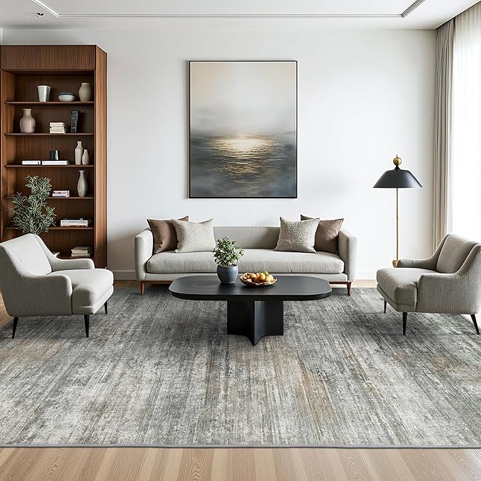 Area Rugs 8x10 for Living Room Bedroom, Modern Abstract Machine Washable Rug, Large Soft Low Pile Floor Cover with Non Slip Backing for Dining Room, Ash Gray Brown