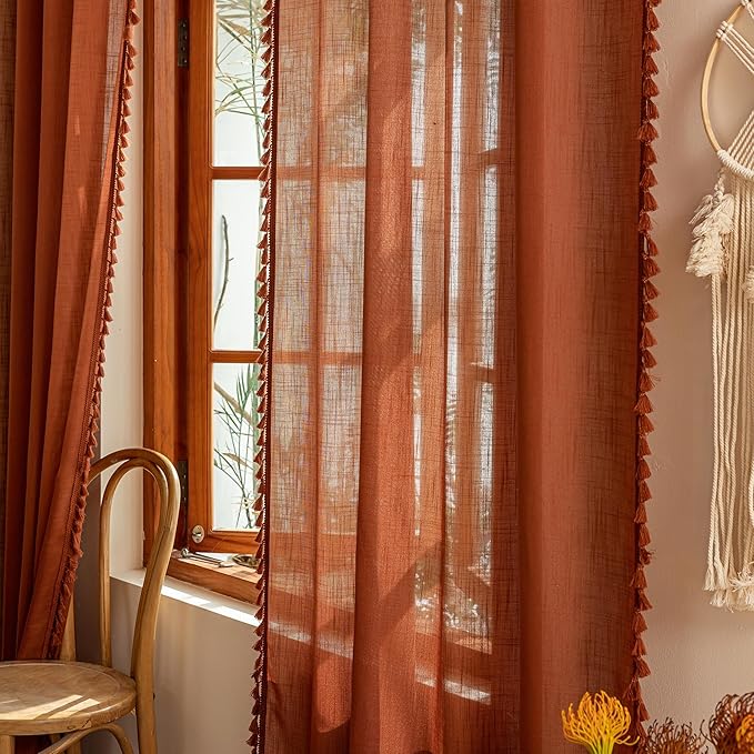 MYSKY HOME Bohemian Farmhouse Ceiling Curtains with Macrame for Living Room,Semi Sheers Light Filtering Privacy Protect Window Treatments Decor Back Tab,50" W×96" L,Terracotta，2 Panels