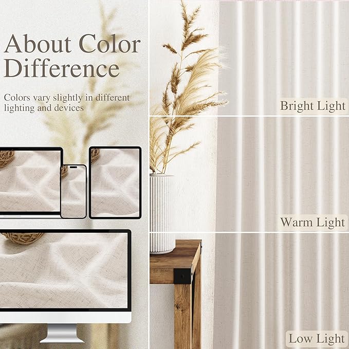 Nanspring Beige Linen Curtains 108 Inches Long 2 Panels Back Tab Rod Pocket Modern Farmhouse Linen Light Filtering Curtains Extra Long Semi Sheer Curtain Drapes for Living Room Bedroom 9Ft 60x108