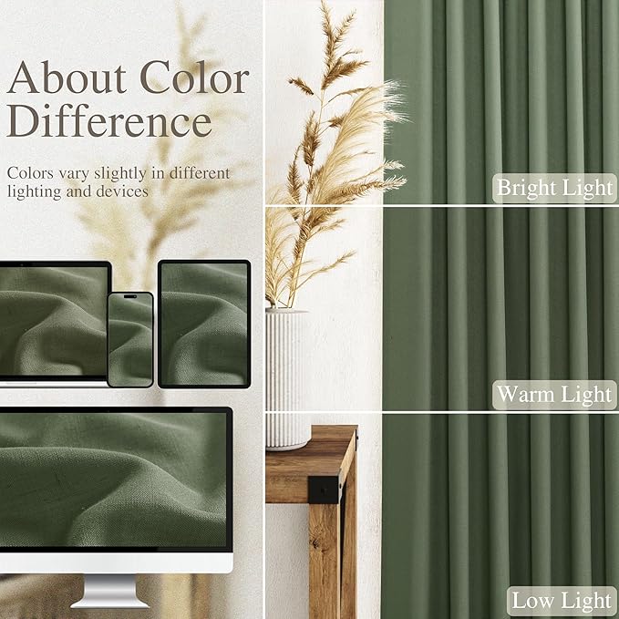 Olive Green Linen Textured 96 Inch Curtains 2 Panel Set Back Tab Rod Pocket Sheer Light Filtering Boho Room Decor Aesthetic Curtains Burlap Look Curtain Drapes for Living Room Bedroom 40x96 Inch