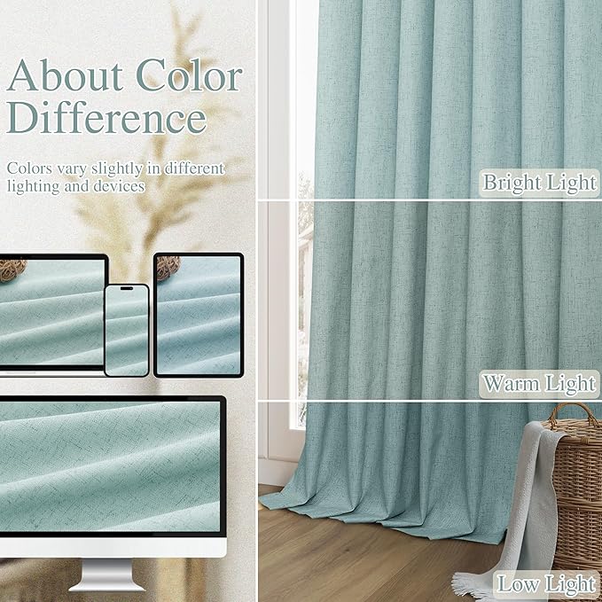Guken 100% Blackout Linen Curtains 72 Inch Length 2 Panels Set for Living Room Bedroom Back Tab Thermal Insulated Black Out Linen Drapes Room Darkening Window Curtains,Light Blue