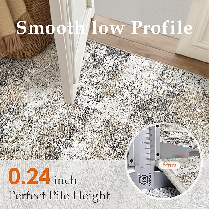 PureCozy 5x7 Abstract Area Rug Brown Washable Non Slip Living Room Carpet Modern Neutral Low Pile Ultra Soft Bedroom Throw Rug Contemporary Indoor for Kitchen Office Laundry Dining Room Bathroom